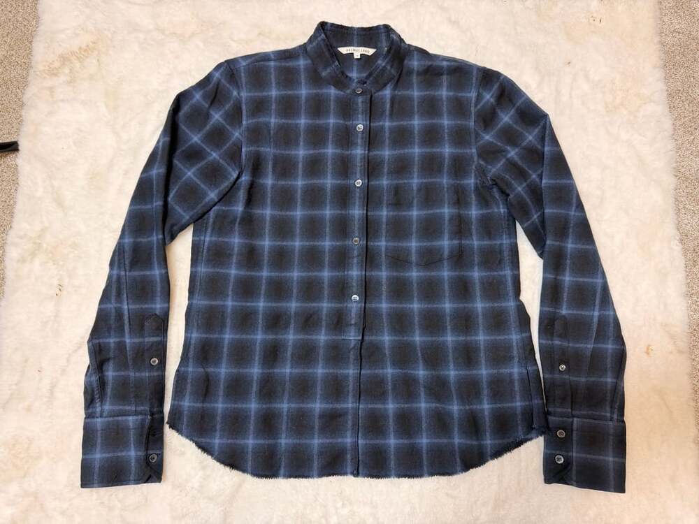 Helmut Lang Plaid Wool Cashmere Button Up Size M Blue Black Long Sleeve Top